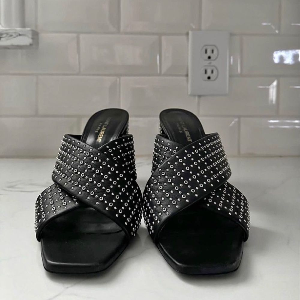 Saint Laurent Black Studded Crisscross Leather Mules